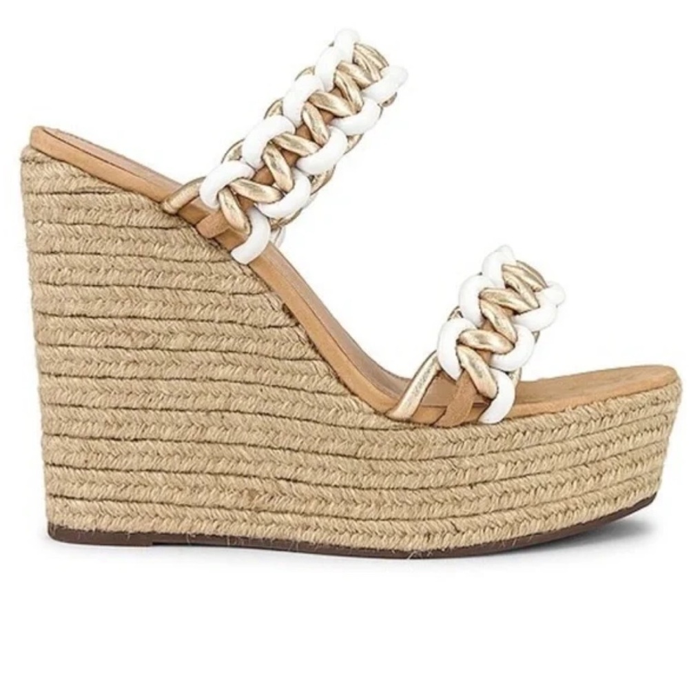 SCHUTZ Juliet White and Tan Wedge Sandals with Chain Detail